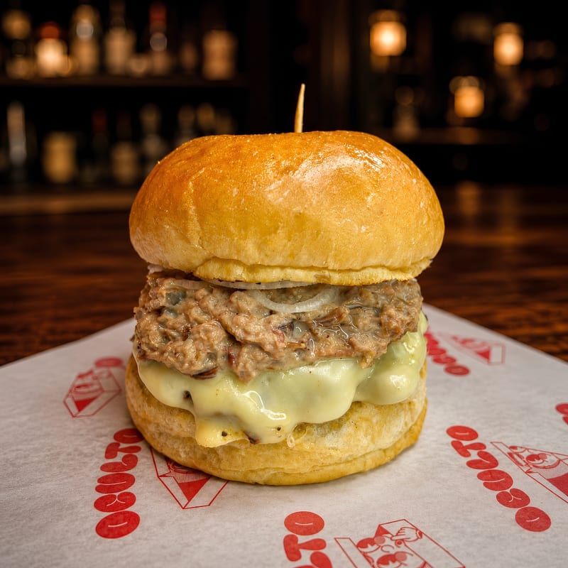 Hamburguesa La Tímida con carne desmechada, plátano maduro y aguacate