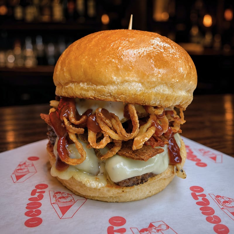 Hamburguesa Vieja Guardia con queso doble crema y cebolla crispy